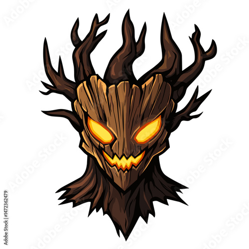 Unique vector esports logo featuring a menacing tree spirit with glowing orange eyes and sharp teeth