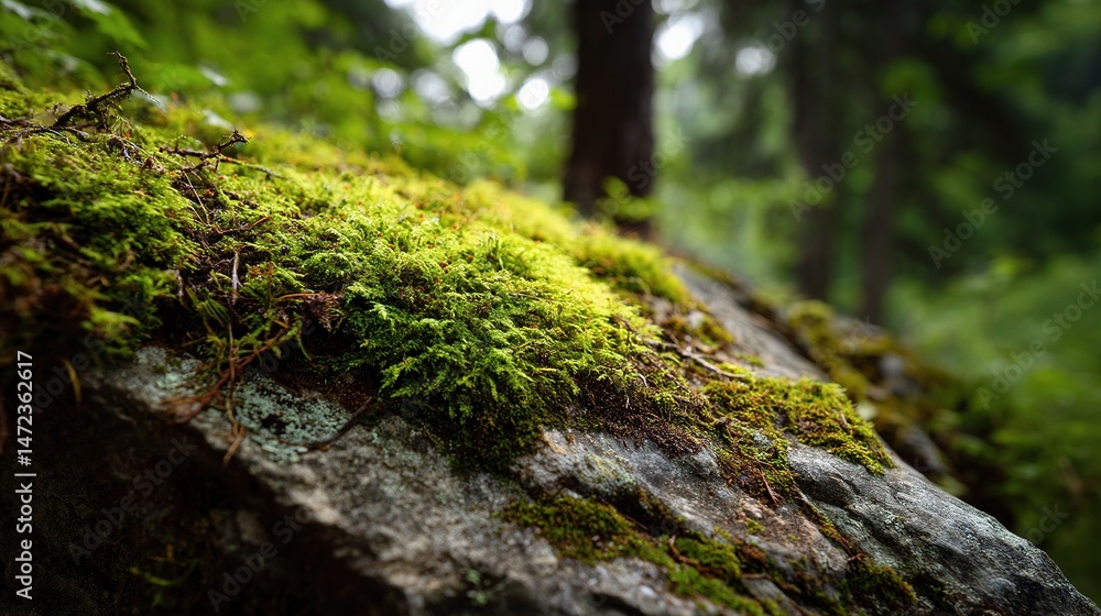 Naklejka premium Fresh Green Moss Covers Rock in Peaceful Natural Setting