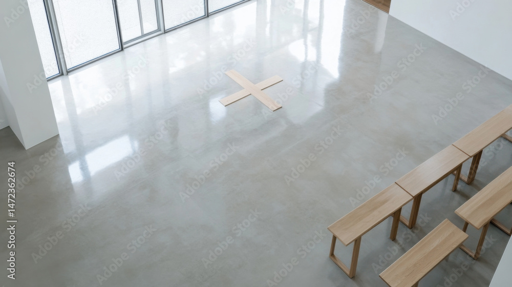 Obraz premium Minimalist interior design featuring light grey polished concrete floor, simple wooden benches, and a central wooden cross-shaped element. : Generative AI