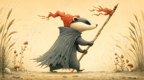 Whimsical Badger Character in Cloak and Hat Walking with Staff Through Fantasy Landscape