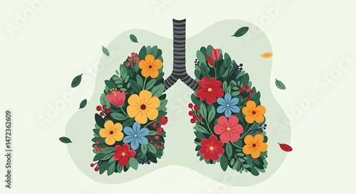 Floral Lungs Flourishing: Colorful Flowers, Berries & Leaves Symbolize Healthy Breathing in a Conceptual Botanical Illustration on Light Green for Health & Wellness, No Tobacco Day Campaign