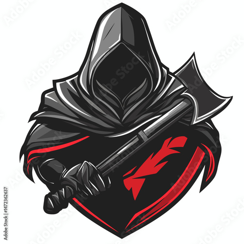 Vector esports logo featuring a mysterious warrior wielding an axe, designed for competitive gaming teams and tournaments