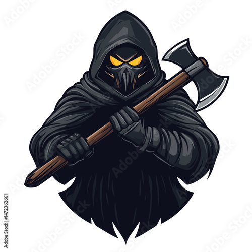 Vector esports logo featuring a sinister character with an axe surrounded by dark elements emphasizing gaming aesthetics