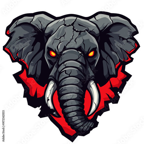 Bold esports logo featuring a fierce elephant with a cracked texture and glowing eyes set against a fiery background