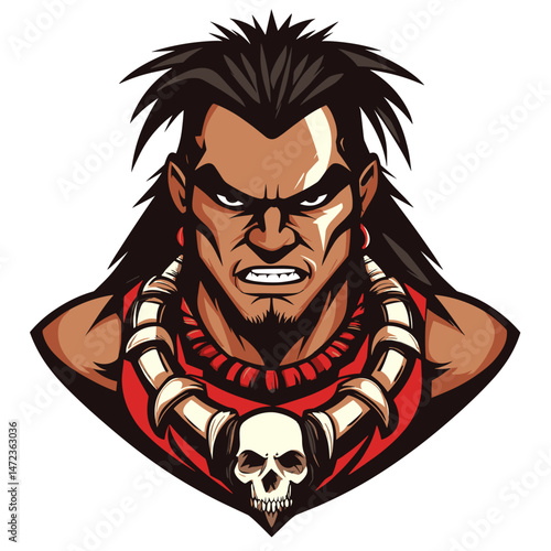 Vector esports logo featuring a fierce warrior character with a tribal necklace and intense expression