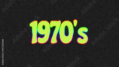 1970's text with many colors and random flashing on black background with noise
