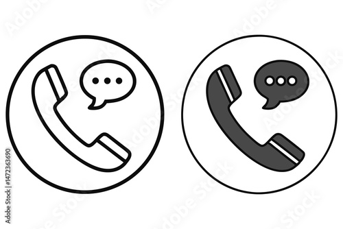 Telephone handset outline in circle with speech bubble denotes communication is in both black and gray