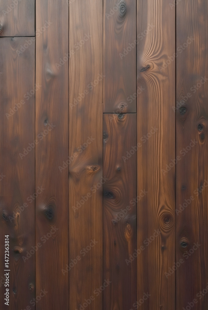 A close-up reveals rich, dark brown wooden planks with a distinct vertical grain pattern and subtle variations in color and texture A close-up reveals rich, dark brown wooden planks with a distinct vertical grain pattern and subtle variations in color and texture
