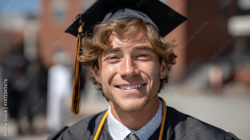 Fototapeta premium A young male graduate is smiling brightly, wearing a cap and gown amidst a group of graduates. The sunny day highlights his joy on this significant milestone in his academic journey