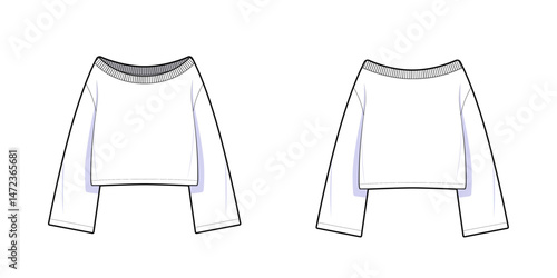 Women's Ribbed Boat Neck Sweatshirt-Front and Back View- Fashion Template - Flat Vector Illustration- CAD Mock-up