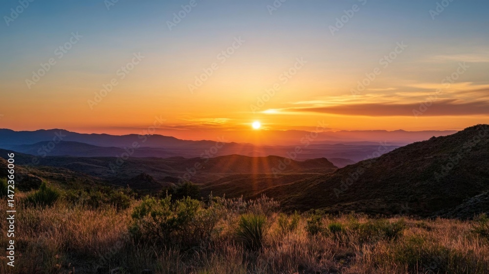 Obraz premium Majestic sunset over a vast, layered mountain range, casting long shadows and vibrant colors across the landscape. Golden hour light illuminates the desert flora in the foreground. : Generative AI