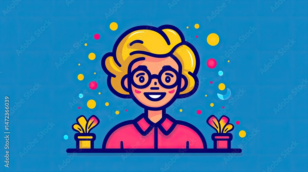 Naklejka premium Smiling, friendly character with decorative elements