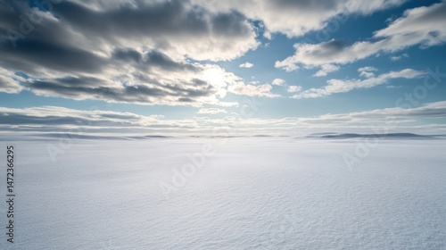 Expansive, snow-covered landscape under a partly cloudy sky, showcasing a serene winter scene with subtle undulations in the snow and distant hills. : Generative AI