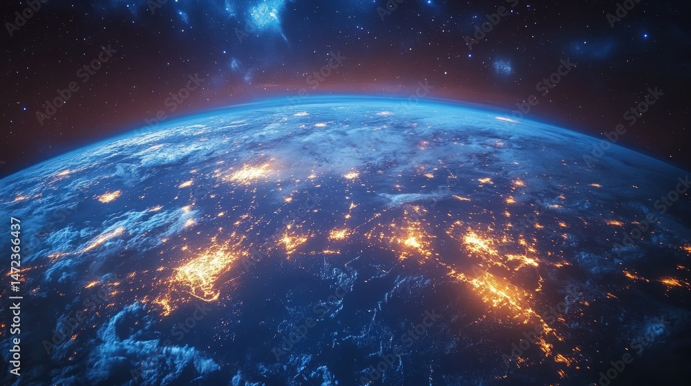 Fototapeta premium Earth seen from space, lit by city lights. Vast expanse of the planet