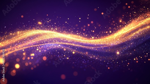 Abstract background with golden particles flowing in wavy lines over a dark purple backdrop.  Particles have varying sizes and shimmering highlights