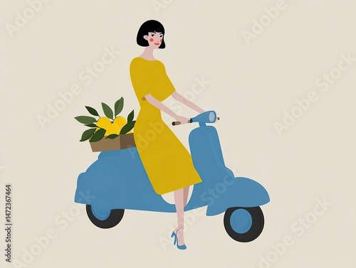 Woman riding a blue scooter with lemons. Whimsical fashion illustration. Simple clean graphic style.