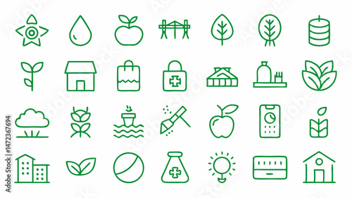Minimalist Eco Farming Line Icons Illustrating Agricultural Elements
