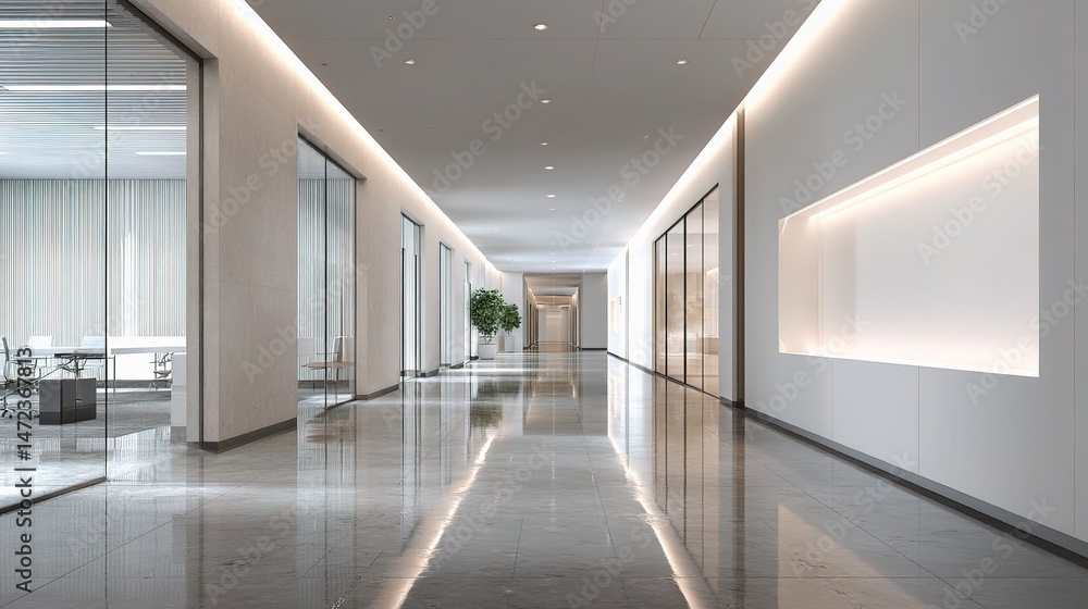Obraz premium Modern Corporate Hallway with Sleek Floors and Meeting Rooms