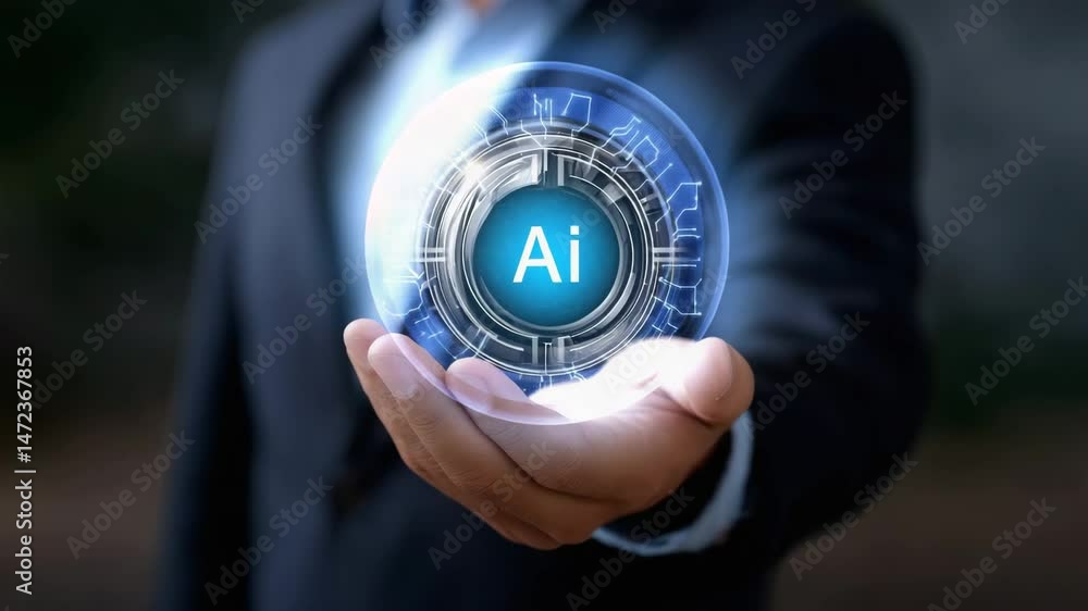 A business professional showcasing artificial intelligence concept with a glowing symbol.