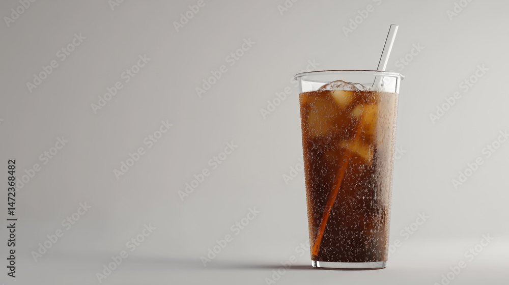 Fresh iced coffee in a transparent glass with a straw on a white background Fresh iced coffee in a transparent glass with a straw on a white background