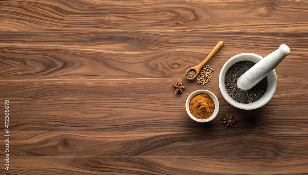 Fototapeta premium Spices with mortar, and wooden background.