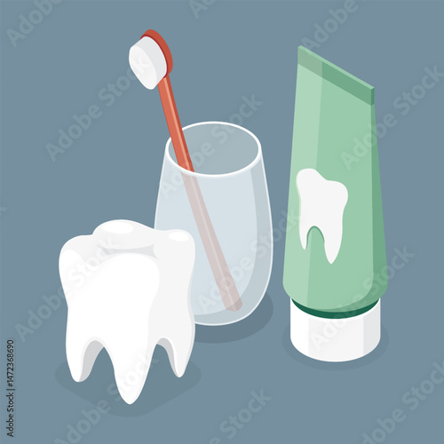 Tooth, toothpaste and brush. Dental care concept. Isometric vector illustration.