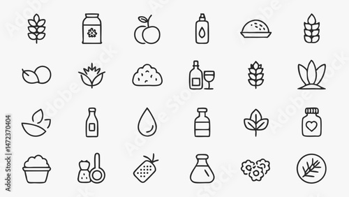 Food Oil and Olive Line Icons Set Showcasing Edible Oil Varieties