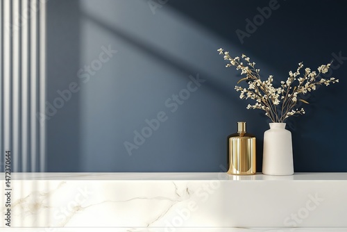 Wallpaper Mural Golden Dried Florals on Marble Shelf with Dark Blue Backdrop - Moody Elegance - Space for Text Torontodigital.ca