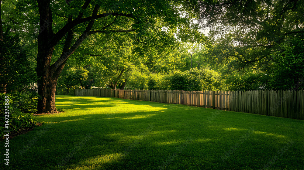 Fototapeta premium Lush Green Lawn with Trees and Fencing under Soft Morning Light