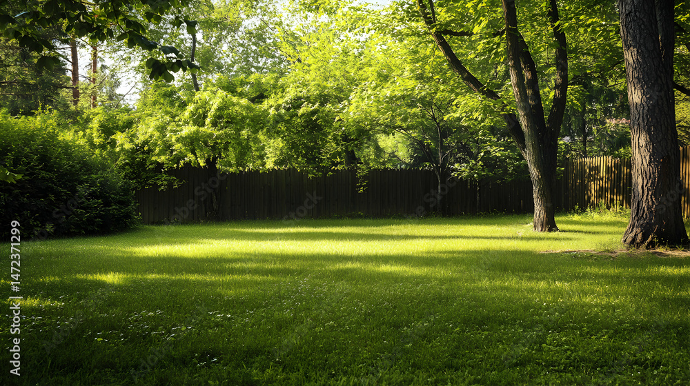 Fototapeta premium Serene Green Lawn Surrounded by Lush Trees in Bright Sunshine