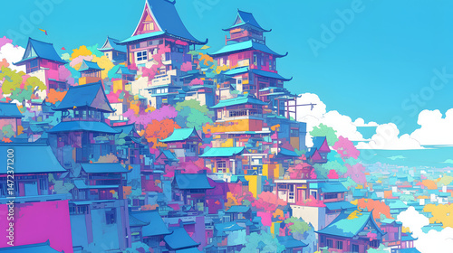 Tall pagoda buildings colorful illustration