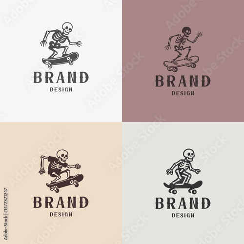 Skeleton logo on skateboard design template