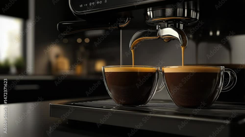 Brewing espresso in a modern kitchen with two cups under the coffee machine Brewing espresso in a modern kitchen with two cups under the coffee machine