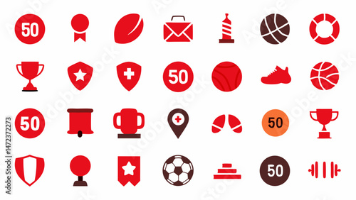 Sports Icon Set Including Football, Basketball, and Trophy Designs