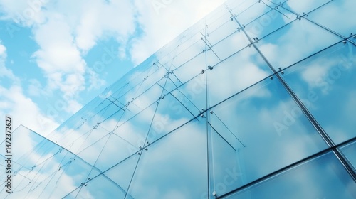 Wallpaper Mural Modern glass facade reflecting a bright blue sky with fluffy white clouds, showcasing architectural design and clean lines. : Generative AI Torontodigital.ca