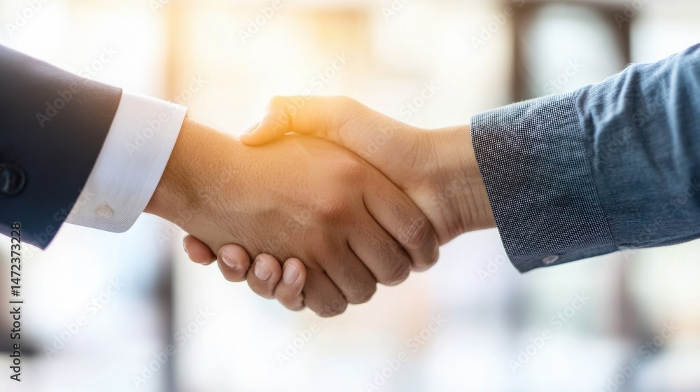 Two businessmen shake hands, signifying a successful business deal or partnership, in a brightly lit modern office environment. : Generative AI Two businessmen shake hands, signifying a successful business deal or partnership, in a brightly lit modern office environment. : Generative AI