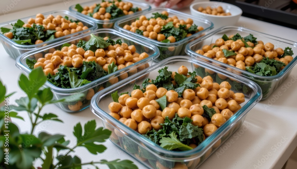 Meal prep containers filled with chickpeas and greens. Meal prep containers filled with chickpeas and greens.