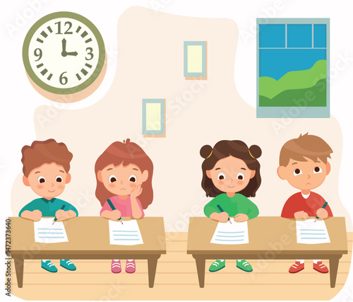a set of students at their desks, a children's vector illustration. background for the mobile app. a day at school, studying.
