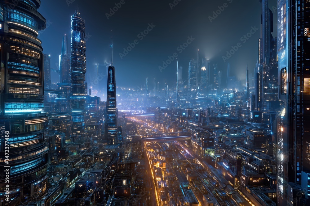 Fototapeta premium Cityscape At Night Illuminated Buildings And Neon Lights