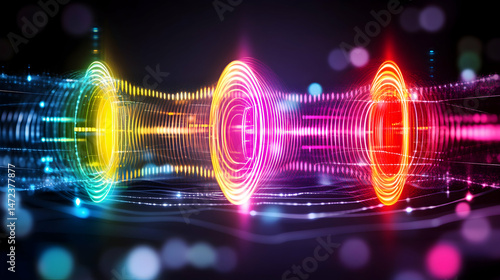Vibrant, colorful, concentric rings pulsate with light, creating a dynamic, abstract wave-like pattern against a dark background