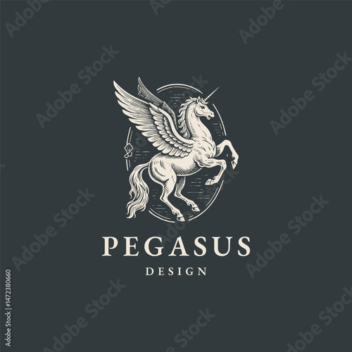 Pegasus logo engraving style design template