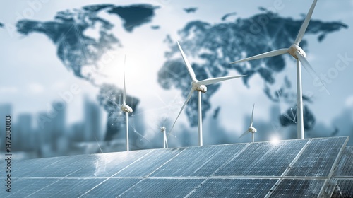 Fototapeta Naklejka Na Ścianę i Meble -  Solar panels and wind turbines with world map green tech and renewable energy supply and transmission concept
