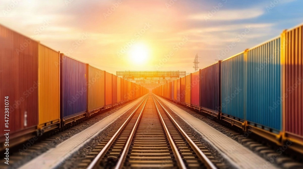 Obraz premium Freight train carrying colorful shipping containers at sunset, railroad tracks vanishing into the distance, golden hour light. : Generative AI
