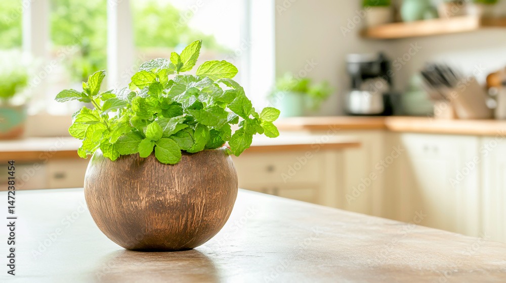 Mint Leaves in Rustic Wooden Pot on Kitchen Table Mint Leaves in Rustic Wooden Pot on Kitchen Table