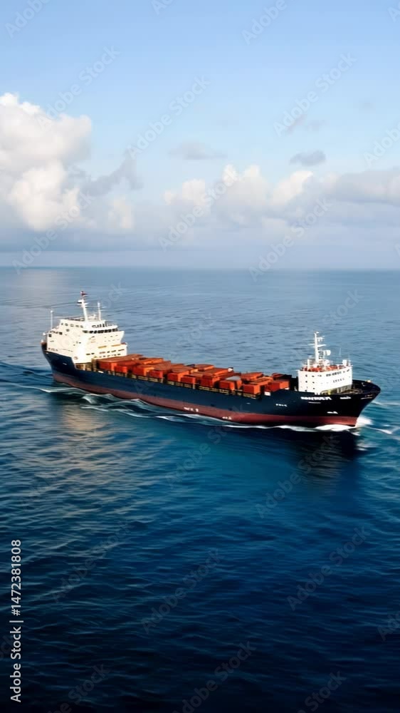 Large cargo vessel with red containers travels across deep blue ocean under partly cloudy sky. Ship maintains steady course while creating white wake pattern against vast turquoise water expanse. Large cargo vessel with red containers travels across deep blue ocean under partly cloudy sky. Ship maintains steady course while creating white wake pattern against vast turquoise water expanse.