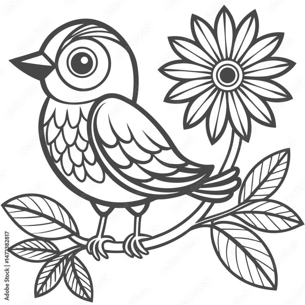 Fototapeta premium Charming Little Bird Perched on a Branch with a Blooming Flower Black and White Coloring Page Illustration 