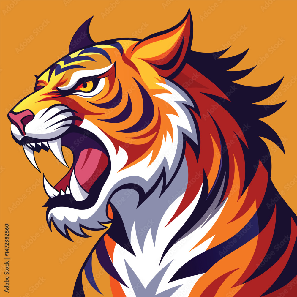 Fototapeta premium Majestic Roaring Tiger – Flowing Mane in Minimalist Line Art