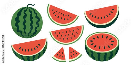 Watermelon Slice Illustration Set Color Black and White, Watermelon Line Art Illustrations Set for Coloring, Watermelon Fruit Half Slice Icons Black White