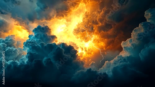 Wallpaper Mural Dramatic sky with voluminous teal and orange clouds clashing, illuminated by powerful lightning strikes from within Torontodigital.ca