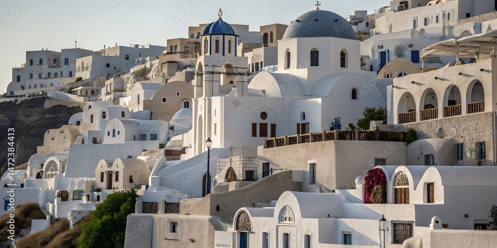 Fototapeta premium Santorini Architecture Whitewashed Buildings and Churches on a Cliffside